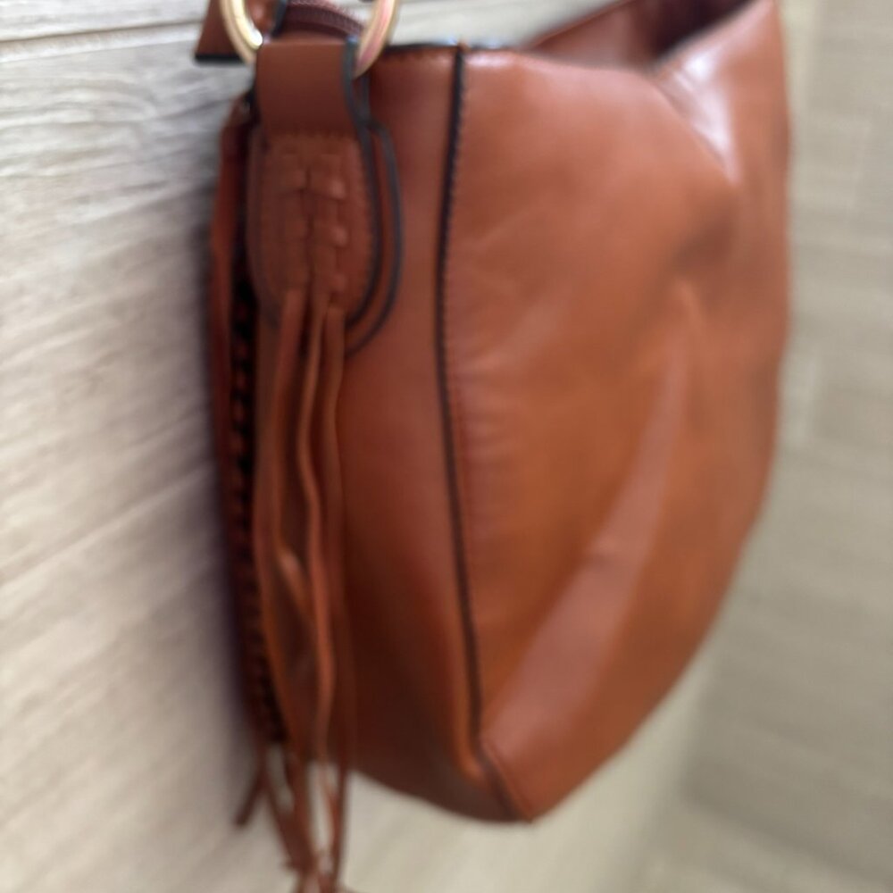 👜Charming Charlie Faux Leather Shoulder Bag Purse Tassels Brown Tan Bucket - Picture 5 of 10